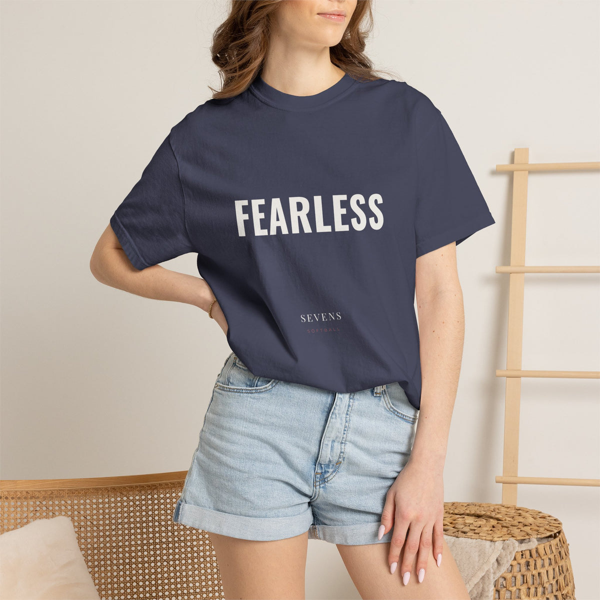 Fearless garment-dyed tee in Denim — lifestyle view — by Sevens Softball
