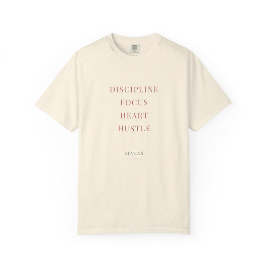 Discipline. Focus. Heart. Hustle. garment-dyed tee in Ivory — front view — by Sevens Softball