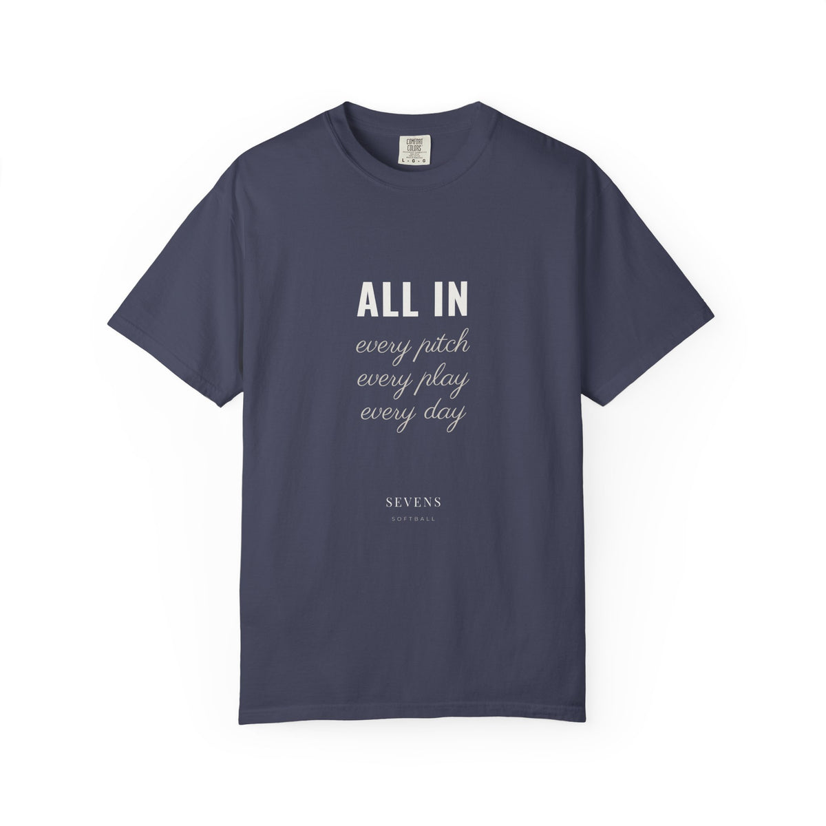All In garment-dyed tee in Denim — front view — by Sevens Softball