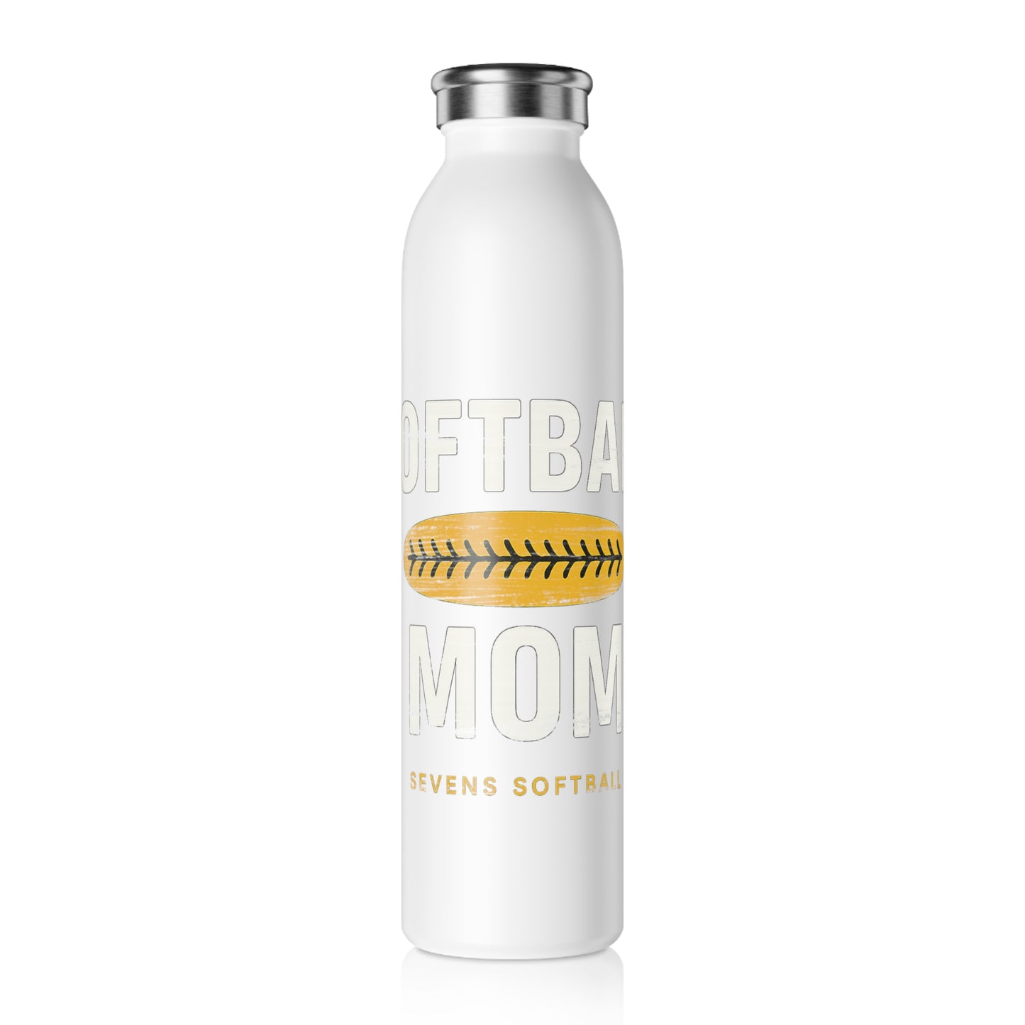 Softball Mom Slim Water Bottle — Yellow Stitch Ball Design