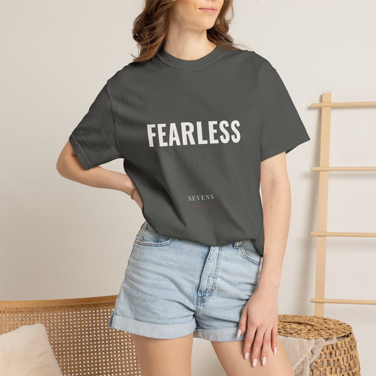 Fearless garment-dyed tee in Pepper — lifestyle view — by Sevens Softball