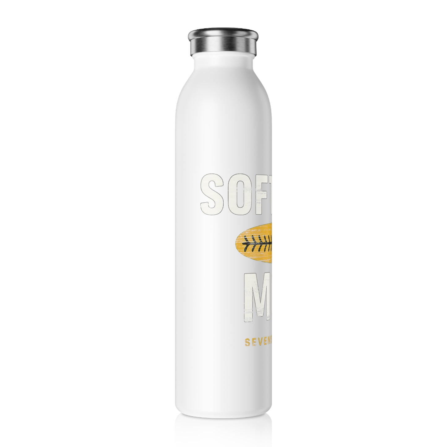 Softball Mom Slim Water Bottle — Yellow Stitch Ball Design