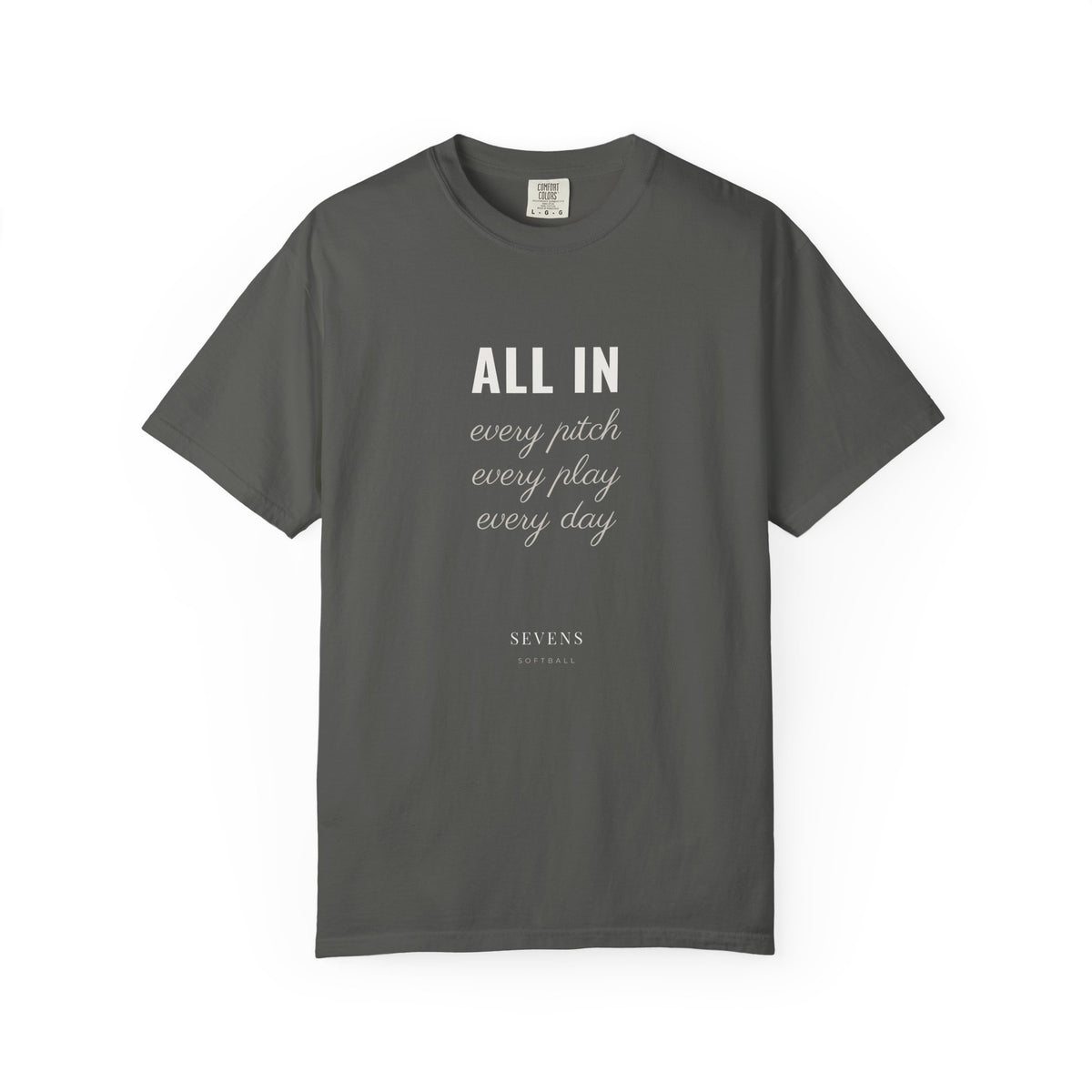 All In garment-dyed tee in Pepper — front view — by Sevens Softball