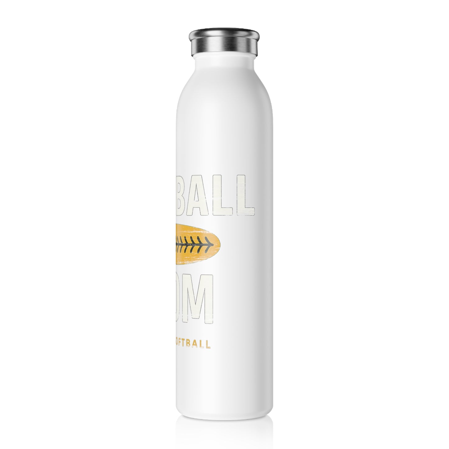 Softball Mom Slim Water Bottle — Yellow Stitch Ball Design