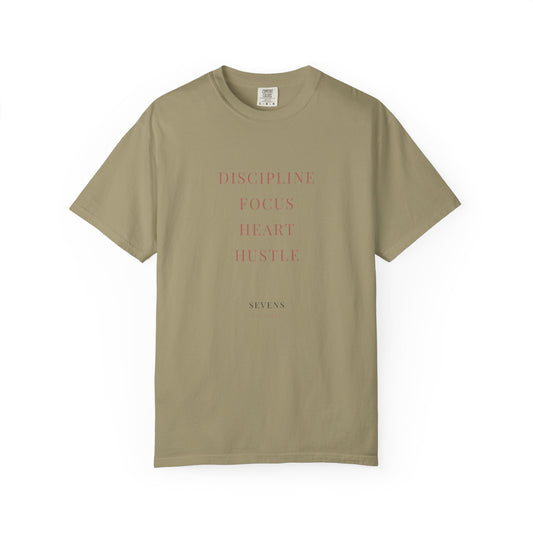 Discipline. Focus. Heart. Hustle. garment-dyed tee in Khaki — front view — by Sevens Softball