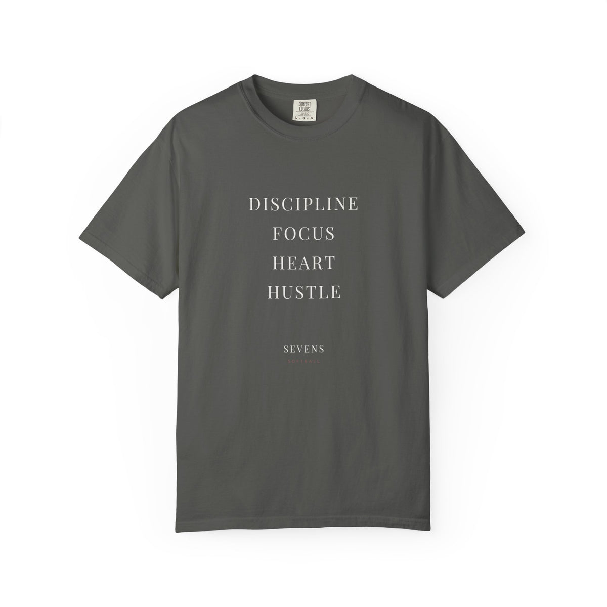 Discipline. Focus. Heart. Hustle. garment-dyed tee in Pepper — front view — by Sevens Softball