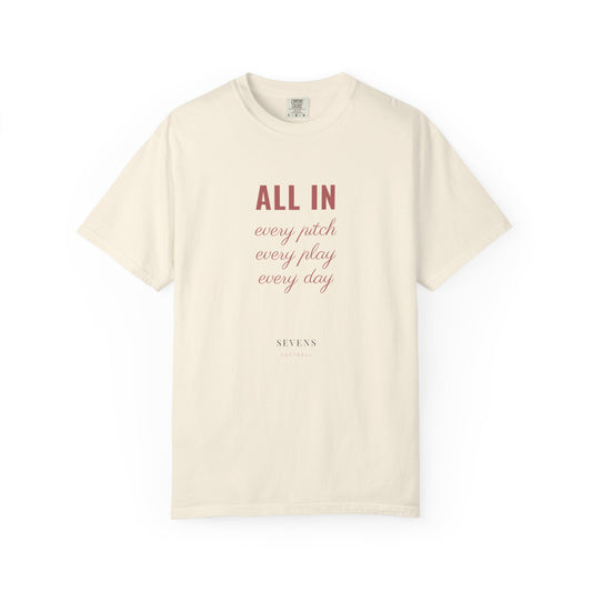 All In garment-dyed tee in Ivory — front view — by Sevens Softball